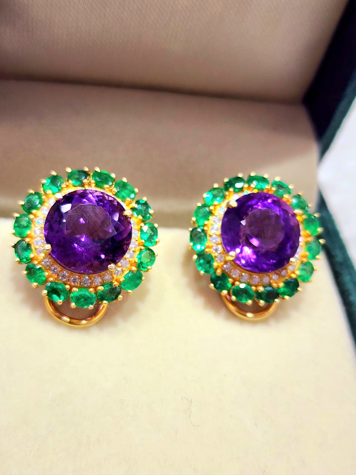 925 Silver Earings in Ameythest with Emerald's and Surrounding by Moissanite - KGP GEMS