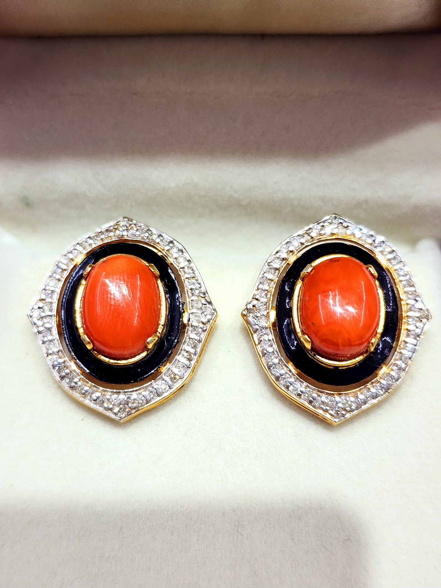 925 Silver Coral Earings with Black Meena work and Real Diamonds - KGP GEMS