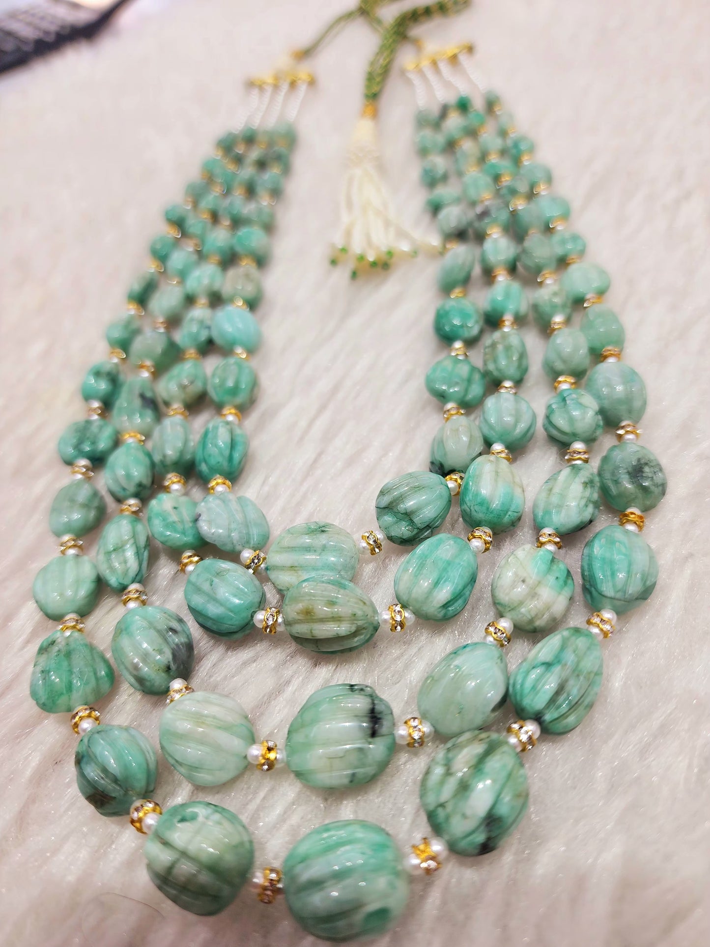 Natural Carved Emerald Bead's with pearls & Brass Studs - KGP GEMS